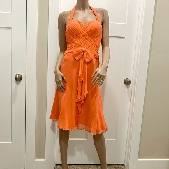 Orange Silk Woven Halter  Cocktail Evening Dress - Picture 1 of 11